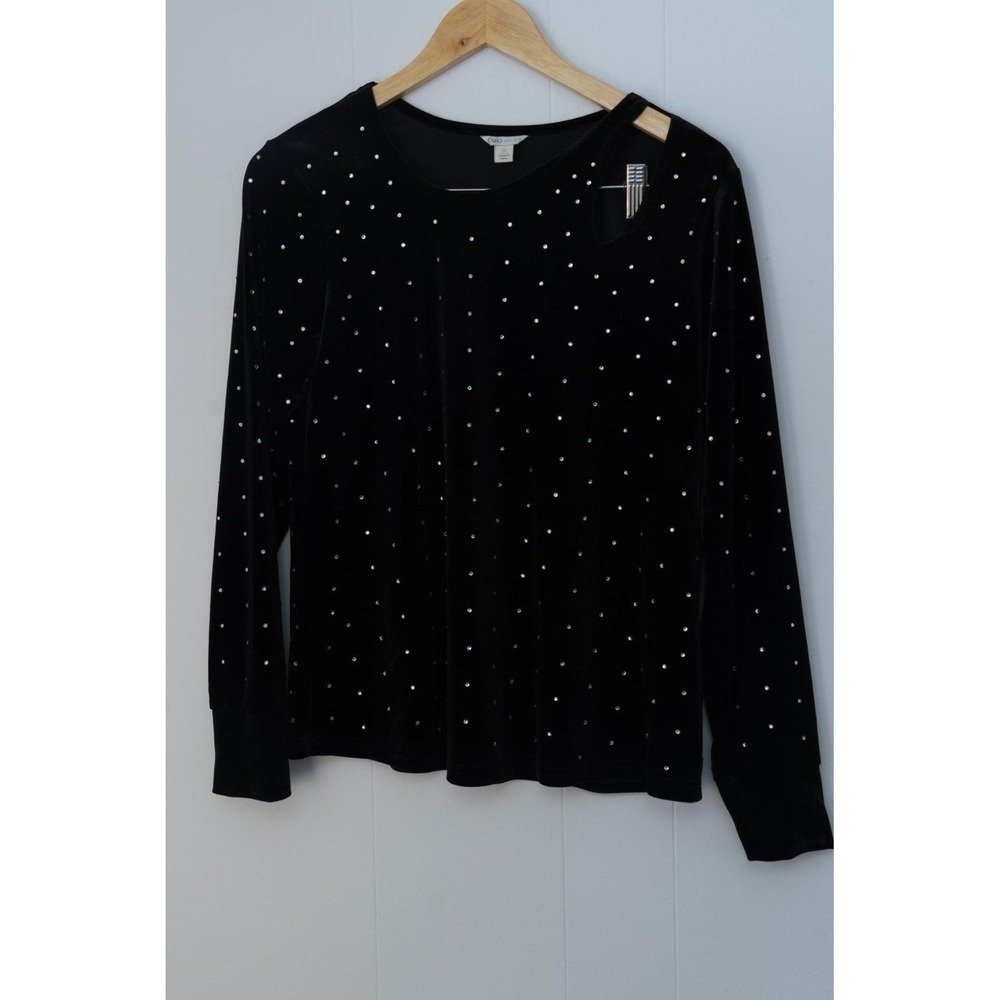 Cato Set Womens Small Black Velvet Rhinestone Polka Dot Shirt Skirt 2 Piece